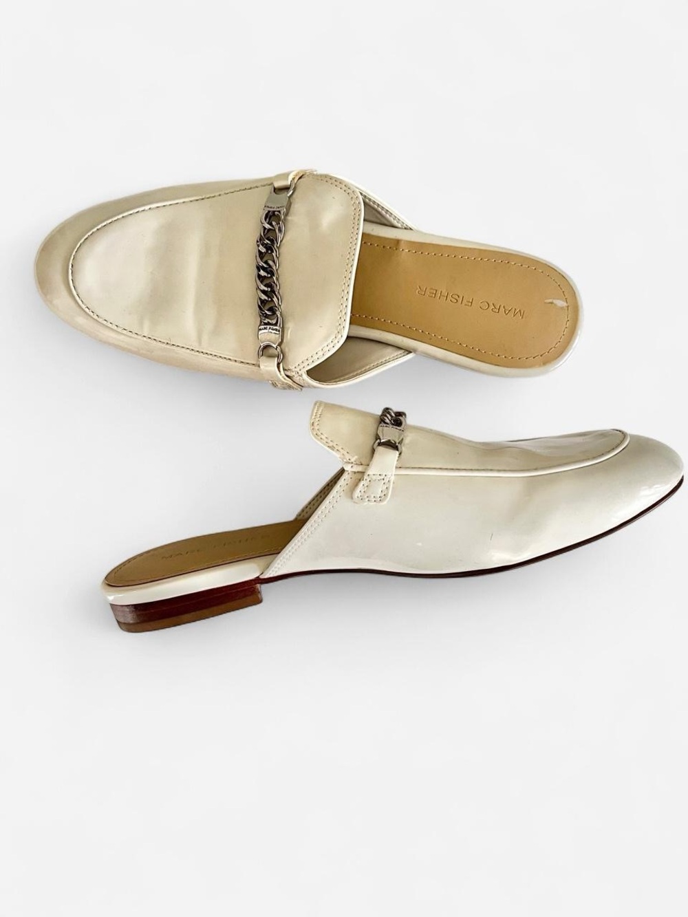 Marc Fischer Ivory White Chain Embellished Glossy Mules